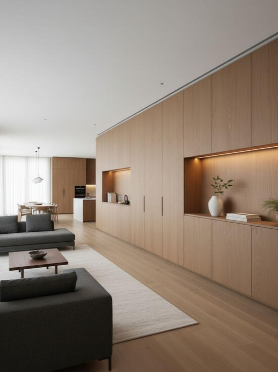 Refined Minimalist Wood Storage System | Open-Concept Living