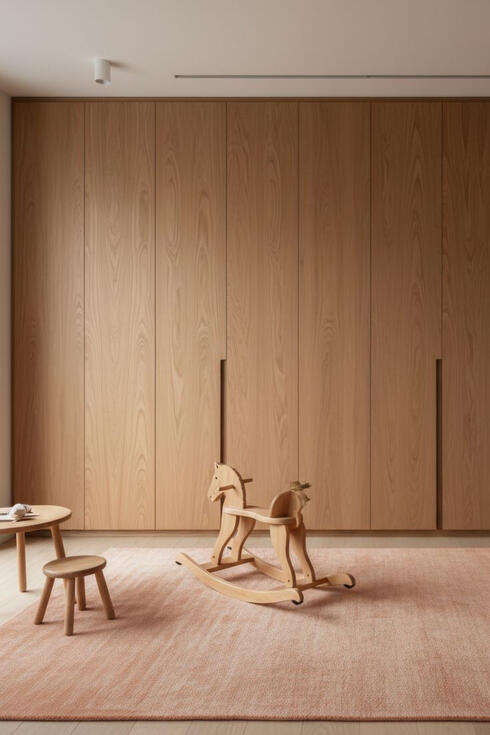 Medium-Tone Oak Seamless Kids Storage | Serene Japandi Playroom